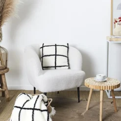 Coussin sherpa blanc carreaux no